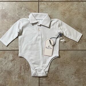 NWT Classic Prep Long Sleeve Hayes Polo Onesie Solid. Size 0-4m. Color White.